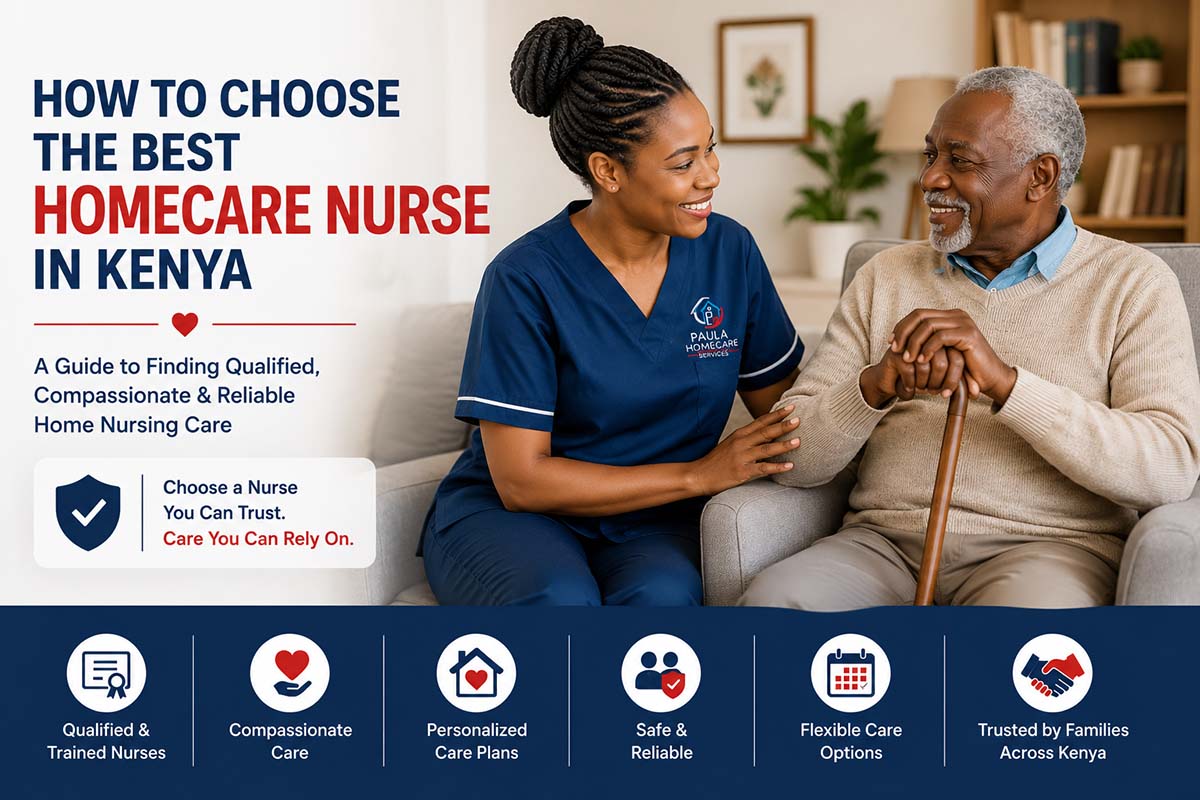 a professional Kenyan nurse sitting next to a happy elderly patient. Best homecare nurse in Kenya.