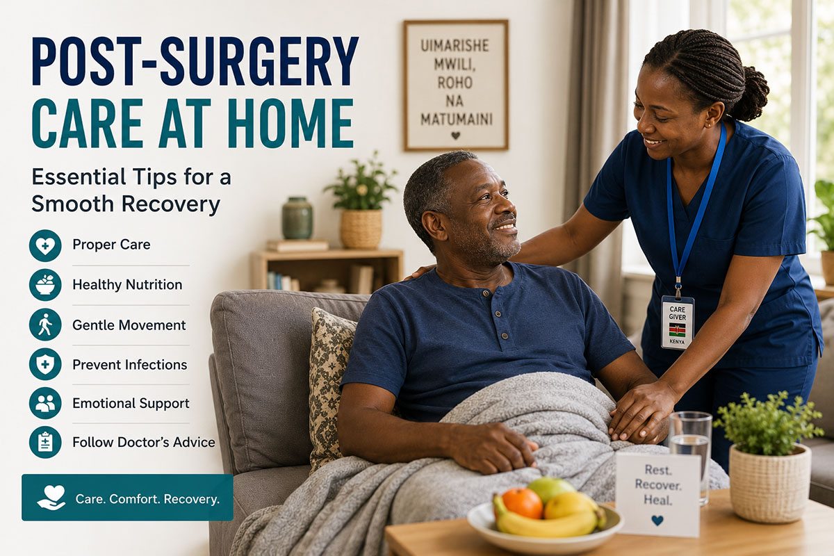 an-african-caregiver-taking-care-of-a-post-surgery-patient-at-home. post-surgery care at home. Professional homecare nursing service in Kenya.